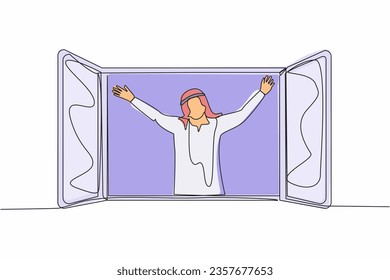 Single continuous line drawing happy Arab man looking out of window meet new day breathe fresh air. Male stretching in morning enjoy sunny weekend at home. One line graphic design vector illustration