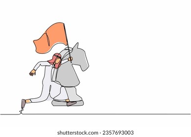 Single continuous line drawing happy Arabian businessman running and holding flag beside big horse chess piece. Business achievement goal, win competition. One line graphic design vector illustration