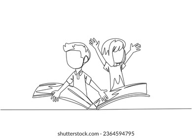 Single continuous line drawing the happy kids pops out from the middle of the book. Imagine the storyline. Experience a storybook adventure. Book festival concept. One line design vector illustration