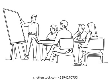 Single continuous line drawing happy trainer teaching life skill and interpersonal skill lessons to young CEOs. Business training and meeting concept. One line draw graphic design vector illustration