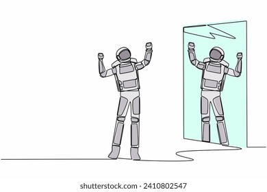 Single continuous line drawing happy astronaut look in mirror with raised hands. Reflection in mirror. Victory or success in space expedition. Cosmonaut deep space. One line design vector illustration