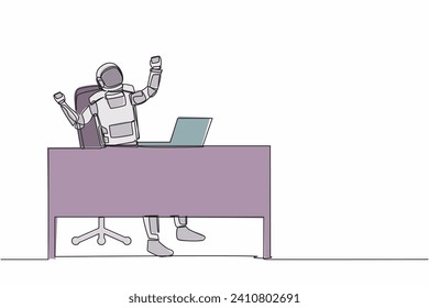 Single continuous line drawing happy young astronaut at working desk celebrating win with hands raised. Success in space exploration. Cosmonaut deep space. One line graphic design vector illustration