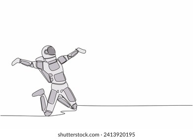 Single continuous line drawing of happy astronaut jumping with raised legs and spread arms. Celebrate successful in spacewalk project. Cosmonaut deep space. One line graphic design vector illustration