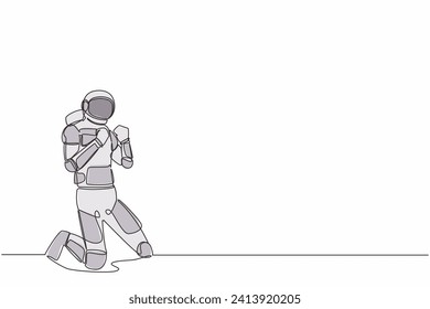 Single continuous line drawing happy astronaut kneeling with both hands yes gesture. Success spacecraft exploration goal target. Cosmonaut deep space. One line draw graphic design vector illustration
