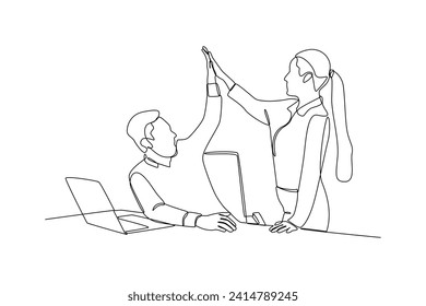 Single continuous line drawing happy employees celebrate the success of the project. Work activity minimalist concept. One line draw graphic design vector
