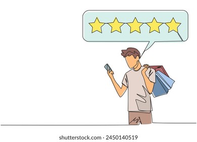 Single continuous line drawing happy smiling man holding several shopping bags. The other hand typing on the smartphone gives a 5 star review. Online shopping. One line design vector illustration