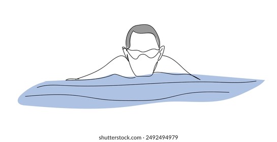 Dibujo de una sola línea continua de nadador profesional feliz entrenamiento de enfoque del hombre mayor en el centro de la piscina del gimnasio. Concepto de estilo de vida saludable. Diseño gráfico de trendy one line.
