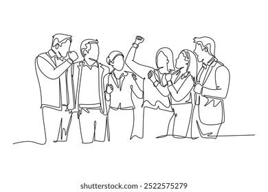 Single continuous line drawing of happy male and female workers standing and celebrating success project sales together. Business teamwork celebration. One line draw graphic design vector illustration