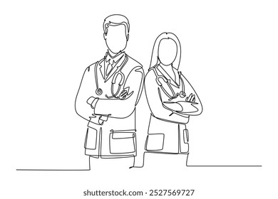 Single continuous line drawing happy couple doctor standing and pose together with folded hands on chest. Male and female medical health care teamwork. One line draw graphic design vector illustration