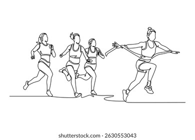 Single continuous line drawing happy woman winning race and coming first to finish line with ribbon over group of sportswoman running marathon on stadium. One line graphic design vector illustration