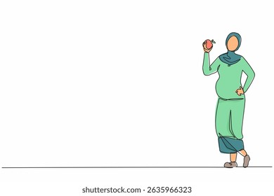 Single continuous line drawing happy beautiful Arabian pregnant woman holding apple. Pregnancy and motherhood concept eating healthy fresh fruit food. One line draw graphic design vector illustration