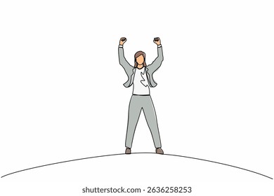 Single continuous line drawing happy businesswoman standing and raising hands or arms. Successful female. Career goal. Victory sign or symbol. Winner pose. One line graphic design vector illustration