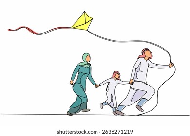 Single continuous line drawing happy Arabian family running with flying kite. Mother, father and son launching kite. Outdoor recreational activities. One line draw graphic design vector illustration