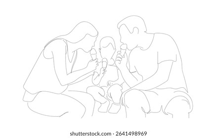 Single continuous line drawing of   happy little boy and his parents with ice creams talking and enjoying sunny day in park. Hand made vector not Al.
