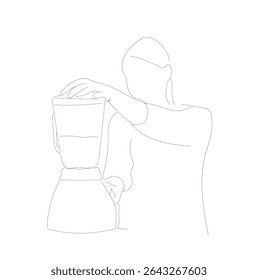 Single continuous line drawing of happy young woman preparing tasty nutritious smoothie in blender.   minimalist kitchen appliance vector on white background.  Hand made vector not Al.
