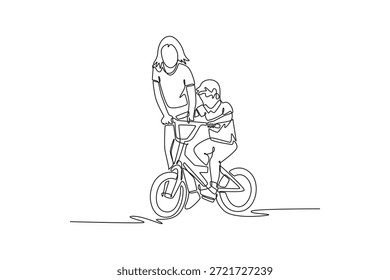 Línea continua única dibujando madre feliz ayudando al niño niño en una bicicleta. Padres practicando montar en bicicleta juntos para la actividad familiar divertida. Ilustración vectorial de Diseño gráfico de dibujo dinámico de una línea