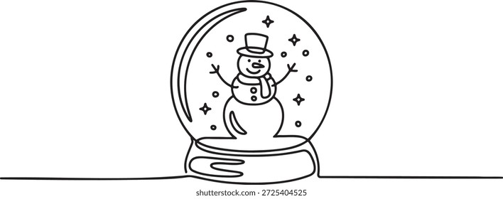 Single continuous line drawing of happy snowman wearing hat and scarf inside snow globe. Festive winter holiday character design, perfect for seasonal celebrations and greeting cards.