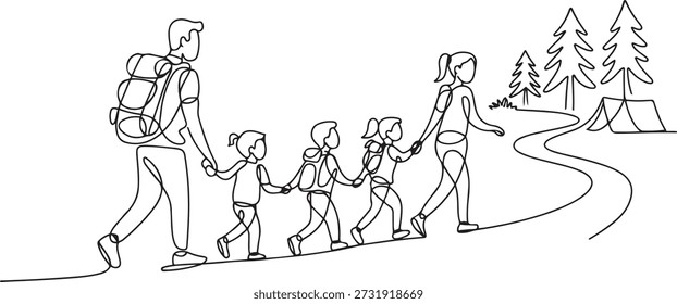 Uma única linha contínua desenhando família feliz está caminhando na floresta. Pai, mãe e filhos caminhando e acampando com mochila na natureza.
