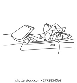 Single continuous line drawing, happy couple riding car going on road trip. Romantic man and woman driving in cabriolet car. Couple summer vacation travel.