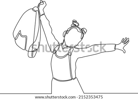 Single continuous line drawing of happy schoolgirl and rise up her hands with bag. End of school. Education concept one line draw design graphic vector illustration.