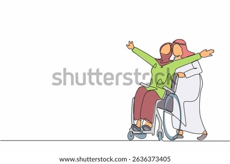 Single continuous line drawing happy disabled Arabic woman in wheelchair on walk with her loving husband outdoors, spending time together. Impaired couple enjoying fun day. One line draw design vector