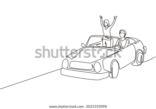Single continuous line drawing happy couple riding\
car going on road trip. Romantic man and woman driving in cabriolet\
car. Couple summer vacation travel.. Dynamic one line draw graphic\
design vector