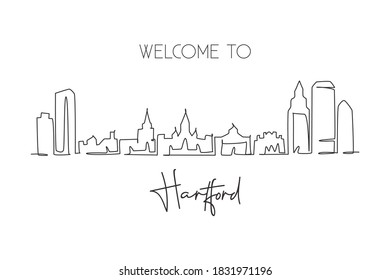 Single continuous line drawing Hartford city skyline, Connecticut. Famous city scraper landscape. World travel home wall decor art poster print concept. Modern one line draw design vector illustration