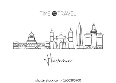 Single continuous line drawing Havana skyline, Cuba. Famous city scraper landscape. World travel destination home wall decor poster print art concept. Modern one line draw design vector illustration