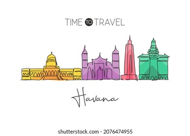 Single continuous line drawing Havana skyline, Cuba. Famous city scraper landscape. World travel destination home wall decor poster print art concept. Modern one line draw design vector illustration