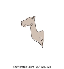 Single continuous line drawing of head desert Arabic camel for logo identity. Cute dromedary mammal animal concept for national zoo icon. Trendy one line draw design graphic vector illustration