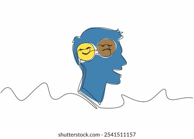 Uma única linha contínua desenhando uma cabeça contendo emoticons de sorriso e sombrios nela. Situações emocionais extremas A saúde mental é perturbada. Dia Mundial da Bipolaridade. Ilustração de vetor de design de uma linha