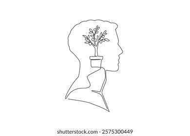 Single continuous line drawing the head of a man with a money tree in a pot in the middle of his head. Profitable investment. Success. Rich. Inside the Head of Man. One line design vector illustration