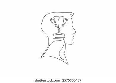 Single continuous line drawing head of a man with a trophy in the middle of his head. Always think about being a champion. The ambitious. Inside the Head of Man. One line design vector illustration