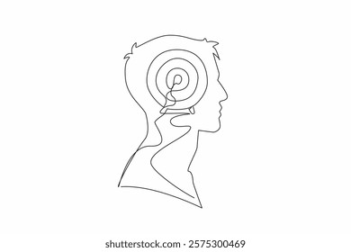 Single continuous line drawing head of a man with arrow target board in the middle of head. Focus on achieving success. Improve strategy. Inside the Head of Man. One line design vector illustration