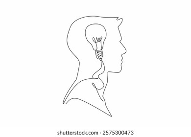Single continuous line drawing the head of a man has a lightbulb in the middle of his head. A brilliant idea that comes suddenly. Creative. Inside the Head of Man. One line design vector illustration