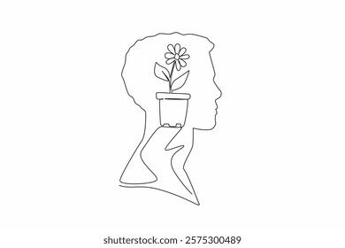 Single continuous line drawing head of man with pot containing flowering plant in the middle of head. Making a small garden. Inspiration. Inside the Head of Man. One line design vector illustration