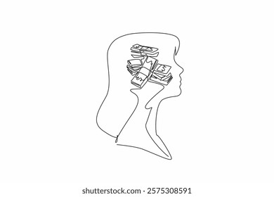 Single continuous line drawing the head of a woman with a pile of banknotes in the middle of her head. Consideration, spent or invested. Inside the Head of Woman. One line design vector illustration