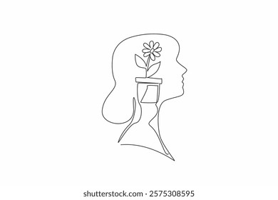 Single continuous line drawing the head of woman with pot containing flowering plant in the middle of her head. Farmer in her spare time. Inside the Head of Woman. One line design vector illustration