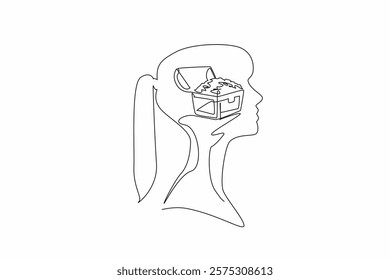 Single continuous line drawing the head of young woman with treasure box and gold coins in the middle of her head. The treasure hunter. Inside the Head of Woman. One line design vector illustration