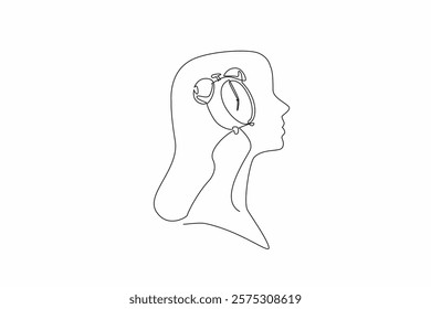 Single continuous line drawing the head of a young woman has an alarm clock in the middle of her head. Work done. Waiting for home time. Inside the Head of Woman. One line design vector illustration