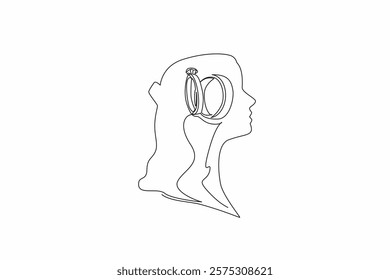 Single continuous line drawing the head of a woman with a wedding ring in the middle of her head. Thinking about the dream wedding ring. Inside the Head of Woman. One line design vector illustration