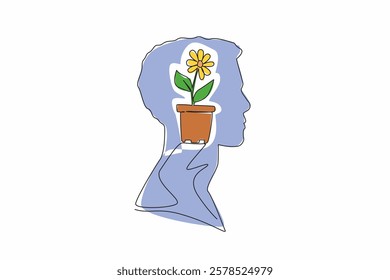 Single continuous line drawing head of man with pot containing flowering plant in the middle of head. Making a small garden. Inspiration. Inside the Head of Man. One line design vector illustration