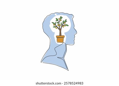 Single continuous line drawing the head of a man with a money tree in a pot in the middle of his head. Profitable investment. Success. Rich. Inside the Head of Man. One line design vector illustration