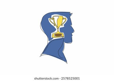 Single continuous line drawing head of a man with a trophy in the middle of his head. Always think about being a champion. The ambitious. Inside the Head of Man. One line design vector illustration