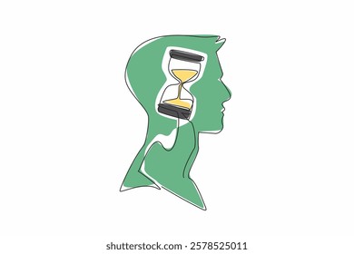 Single continuous line drawing the head of a young man with an hourglass in the middle of his head. Counting down to resign from work. Inside the Head of Man. One line design vector illustration