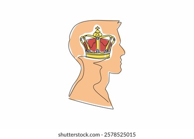 Single continuous line drawing the head of a man with a royal crown in the middle of his head. Preparing the next generation of the kingdom. Inside the Head of Man. One line design vector illustration