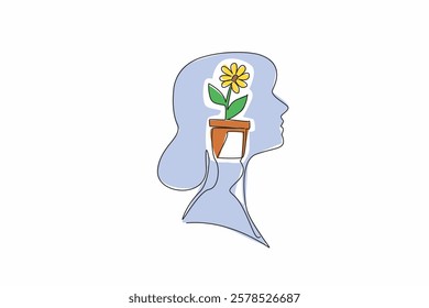 Single continuous line drawing the head of woman with pot containing flowering plant in the middle of her head. Farmer in her spare time. Inside the Head of Woman. One line design vector illustration