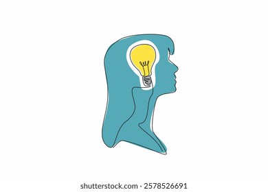 Single continuous line drawing the head of a young woman has a lightbulb in the middle of her head. Get inspiration to apply immediately. Inside the Head of Woman. One line design vector illustration