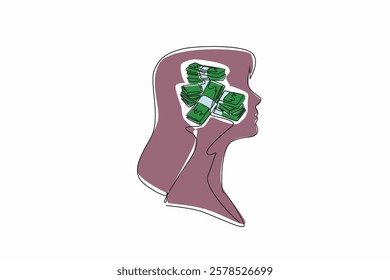 Single continuous line drawing the head of a woman with a pile of banknotes in the middle of her head. Consideration, spent or invested. Inside the Head of Woman. One line design vector illustration