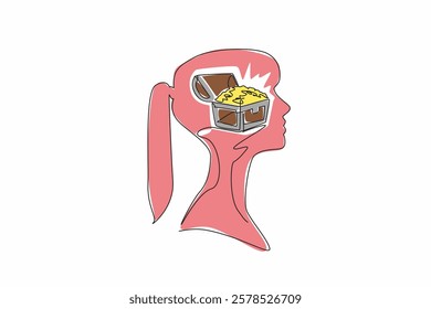 Single continuous line drawing the head of young woman with treasure box and gold coins in the middle of her head. The treasure hunter. Inside the Head of Woman. One line design vector illustration